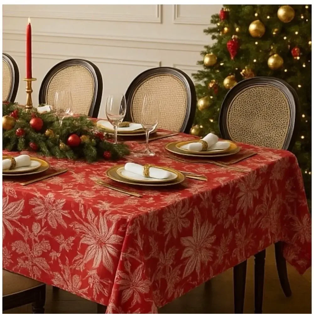 Lauren Ralph Lauren Red Christmas Tablecloth NEW Poinsettia Cotton 60x104 Preppy